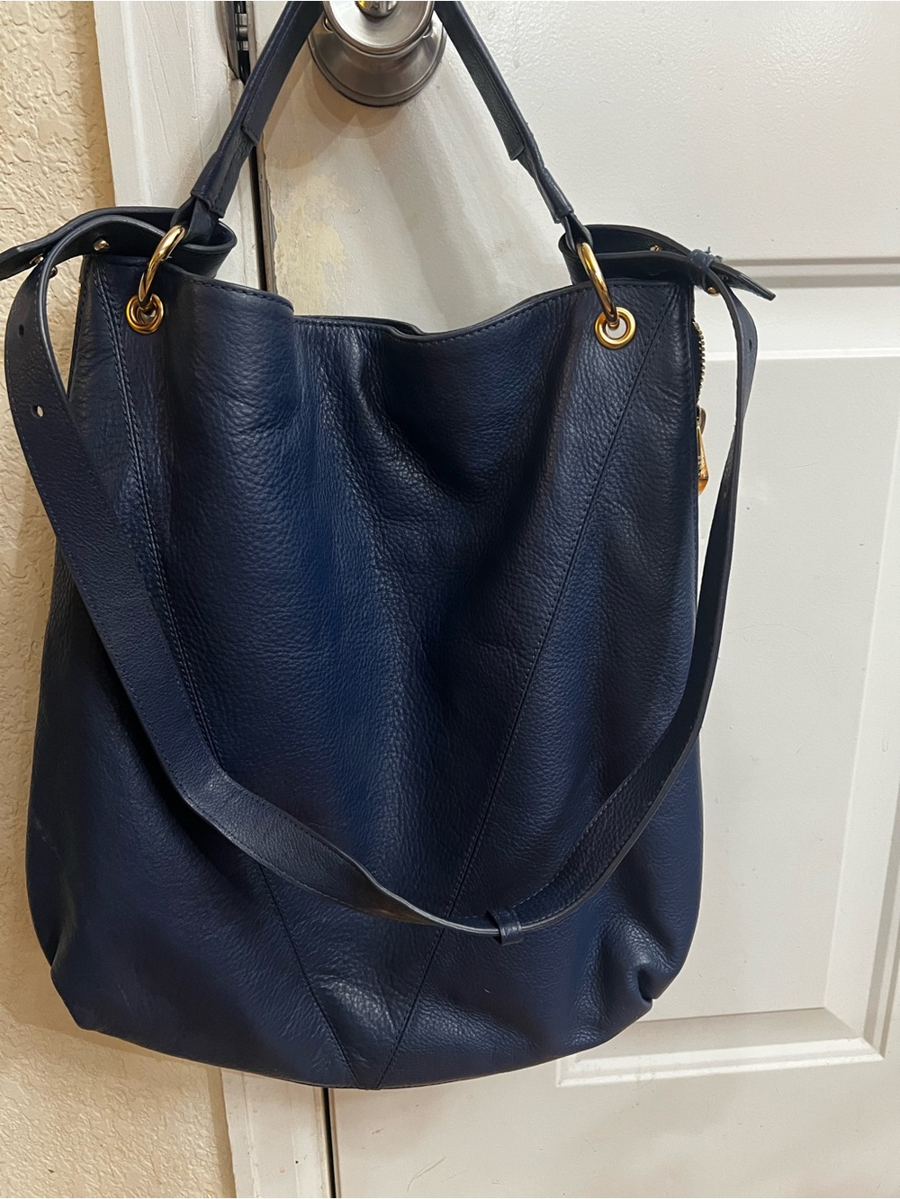 Pour La Victoire Navy Pebbled Leather Oversized Hobo Shoulder Bag Gold Hardware